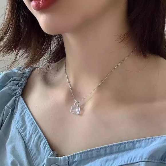 NEW 925 Sterling Silver Acrylic Mini Lock Necklace - Picture 2 of 4